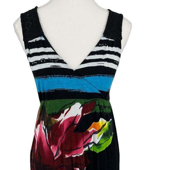 Desigual‎ Maxi Dress Septiembre Crochet Back Colorful Floral Black Medium - Picture 6 of 10